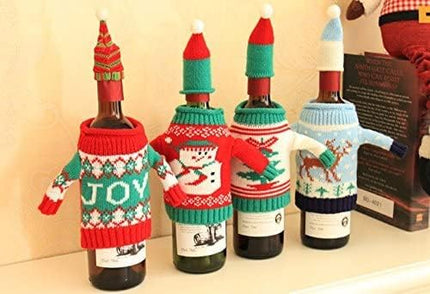 Christmas Wine Bottle Covers and Hats Kit, Gawertoy 4 Pack Ugly Christmas Sweater Wine Bottle Covers and Caps with Joy Snowman Xmas Tree Reindeer Pattern for Christmas Party Table Decorations
