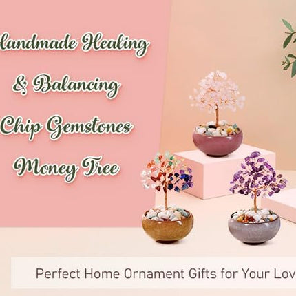 GEHECRST Rose Quartz Crystal Tree Natural Healing Crystal Gemstone Tree with Ceramic Base Handmade Stone Feng Shui Bonsai Money Tree for Wealth Good Luck Home Office Decor Crystal s