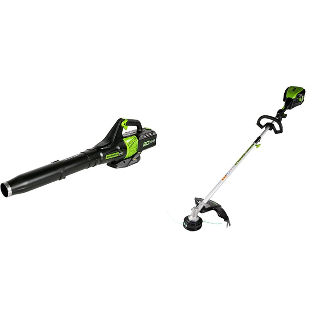 Greenworks Pro 80V (145 MPH / 580 CFM) Brushless Cordless Axial Blower, Tool Only BL80L01 & Greenworks PRO 16-Inch 80V Cordless String Trimmer (Attachment Capable), Battery Not Included GST80320