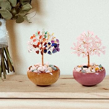 GEHECRST Rose Quartz Crystal Tree Natural Healing Crystal Gemstone Tree with Ceramic Base Handmade Stone Feng Shui Bonsai Money Tree for Wealth Good Luck Home Office Decor Crystal s