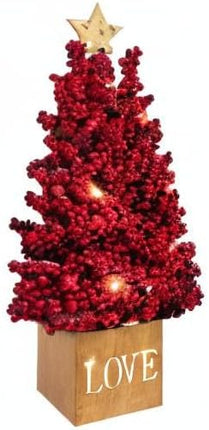 KI Store Lighted Red Berry Tree Tabletop Tree 16-Inch Potted Red Berry Christmas Tree with Lights and Timer for Xmas Party Table Centerpieces