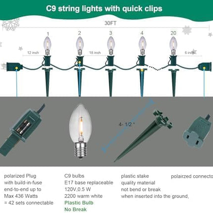 NIOSTA 30 Ft Christmas Pathway String Lights, 20 Warm White LED Bulbs and 20 Stakes, Plug in & Connectable Christmas Lights for Yard Garden Lawn Walkway, 2Pack