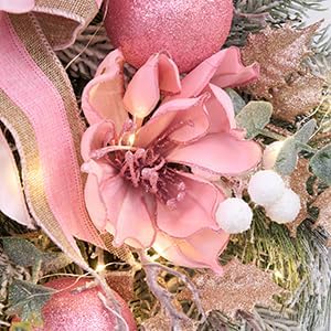 22inch Christmas Pink Wreath for Front Door with 30 LED Lights,Elegant Pink Magnolia Christmas Door Wreath,Festive Holiday Decor, Frosted Winter Wreath,Pink Decorations for Christmas and Wedding