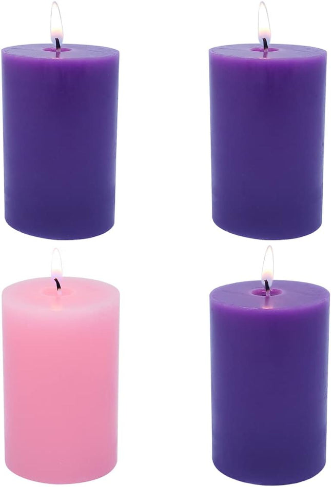 2×3 Inch Advent Pillar Candles, 3 Purple and 1 Pink Seasonal Celebration Candles for Advent Wreath and Christmas Decorations, Long-Lasting Slow-Burning Dripless Candle