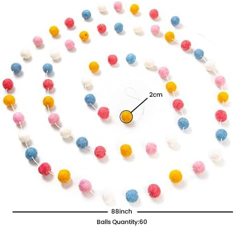 Woolygon Felt Ball Garland Handmade in Nepal - Pom Pom Colorful Rainbow Garland Felt Ball Decor, Christmas Tree Décor, Xmas Holiday Party, Birthday Banner - 7.6 Feet, 60 Balls - Dark Rainbow