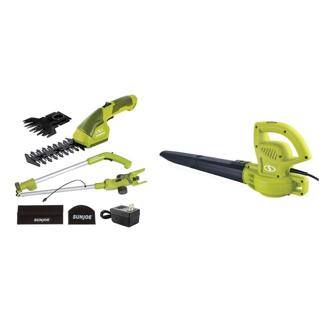 Sun Joe HJ605CC Cordless 2-in-1 Grass Shear + Hedge Trimmer w/Extension Pole, Green & SBJ597E 6-Amp 155 Mph Electric Leaf Blower