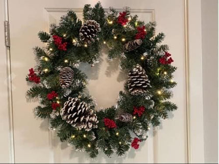 Christmas Wreath, Prelit Christmas Wreath with Lights, Small Artificial Xmas Wreath ,Winter Snowflake Christmas Wreath for Door Hanging Christmas Decoration
