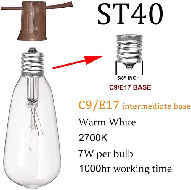 20Ft Outdoor Patio String Lights with 22 Clear Vintage Light Bulbs (2 Spare), E17 Base ST40 Outdoor Edison String Lights Waterproof UL Listed for Indoor Garden Backyard Party Porch Decor, 7W - Brown