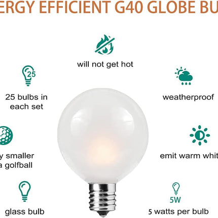 G40 Frosted Replacement Bulbs, 25 Pack 5 Watt G40 Replacement Light Bulbs for String Lights with 12/C7 Candelabra Base, G40 Incandescent Bulbs for Indoor Outdoor Decorative