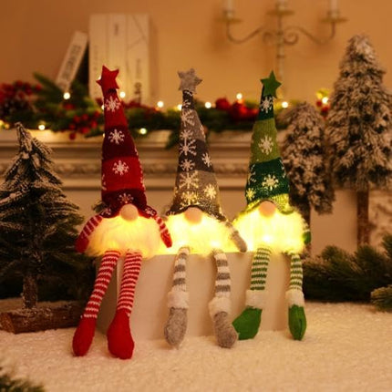 3PCS Christmas Gnomes Plush with Lights, 13 Inch Lighted Christmas Gnomes Decorations, Christmas Gnome Santa, Gnome Plush Doll Ornaments with Legs for Xmas Tree Home Fireplace Table Decorations
