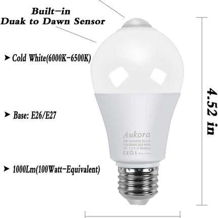 Aukora Motion Sensor Light Bulbs, 12W (100-Watt Equivalent) E26 Motion Activated Dusk to Dawn Security Bulb Outdoor/Indoor for Front Door Porch Garage Basement Hallway Closet(Cold White 2 Pack)