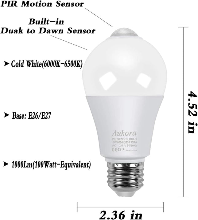 Aukora Motion Sensor Light Bulbs, 12W (100-Watt Equivalent) E26 Motion Activated Dusk to Dawn Security Bulb Outdoor/Indoor for Front Door Porch Garage Basement Hallway Closet(Cold White 2 Pack)