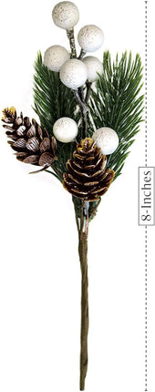 OLYPHAN White Christmas Berries/Berry Stems w. Pine Branches & Artificial Pine Cones/White Holly Spray/Wreath Picks for Winter Decor, Holiday Crafts, Xmas Decorations/Decorative Pick (Snow)
