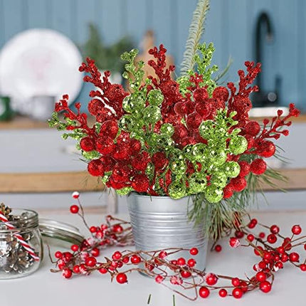 Geosar 16 Pcs Christmas Berry for Christmas Tree Winter Berries Pick Decorative Xmas Artificial Berry Stems for Wreath Garland Glitter Crafts DIY Ornaments for Holiday Home Party Decor(Red, Green)