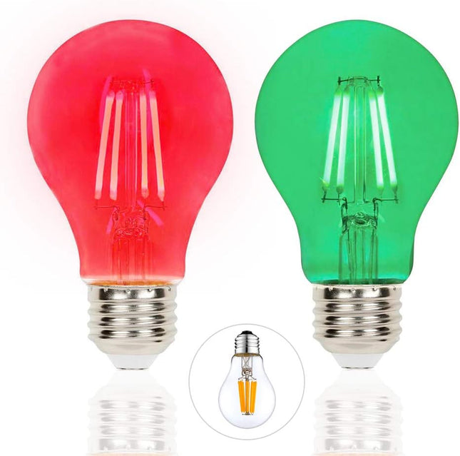 2 Pack Filament LED Red Light Bulbs Green Light Bulb – A19 E26 8W 60 Watt Equivalent Vintage LED Red Bulb LED Green Bulb Decorative Lighting for Party Decoration, Porch, Home, Christmas Light Bulbs