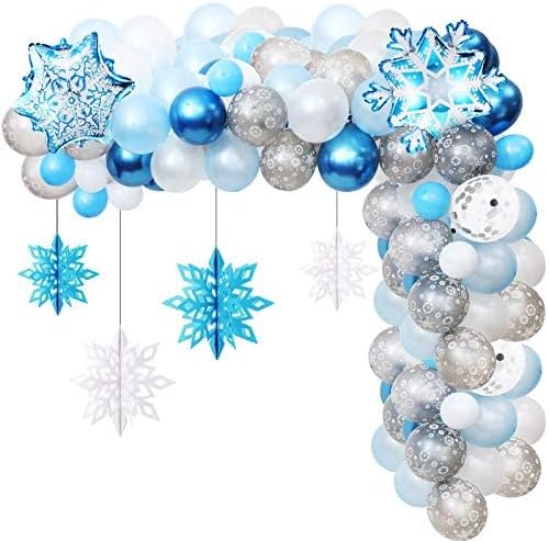 76 Pieces Snowflake Balloon Garland Arch Kit Winter Wonderland Decorations with Clear Silver Blue Paper Snowflake Decor and 100 Pieces Glue for Christmas Xmas Frozen Snow Party Favors Supplies