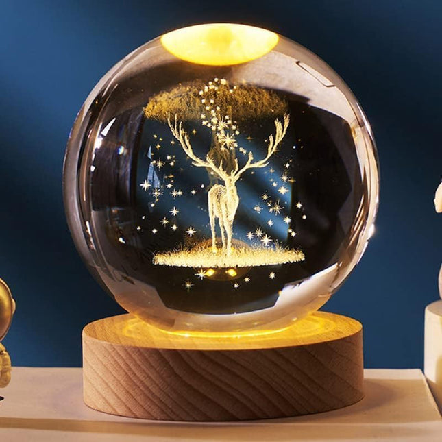 C&M 3D Deer Crystal Ball Night Light,Deer Figurine LampDecorative Glass Sphere Ball Paperweight Crystal Sea Animal Decorations for Home (Deer)
