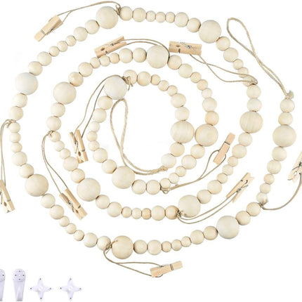 6.46Ft Wooden Beaded Garland with 10 Clothespins Photo Garland Hanging Photo Display Office Nursery Room Banner Decor Christmas Cards Family Holiday Clips Boho Decorations Mother's Day s