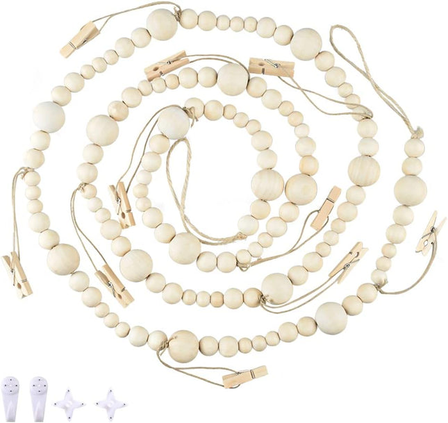 6.46Ft Wooden Beaded Garland with 10 Clothespins Photo Garland Hanging Photo Display Office Nursery Room Banner Decor Christmas Cards Family Holiday Clips Boho Decorations Mother's Day s