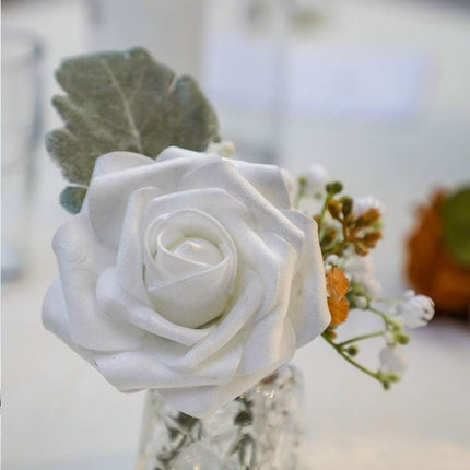 Floroom Artificial Flowers 50pcs Real Looking Shimmer Silver Grey Foam Fake Roses with Stems for DIY Christmas Tree Xmas Wedding Bouquets Party Tables Centerpieces Floral Arrangements Home Decor