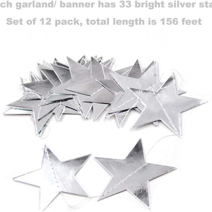 Silver Star Garland Banner Decorations - 156 Feet Bright Silver Paper Garland Hanging Decorations, Glitter Silver Star Bunting Banner for Wedding, Birthday, Holiday, Christmas Party