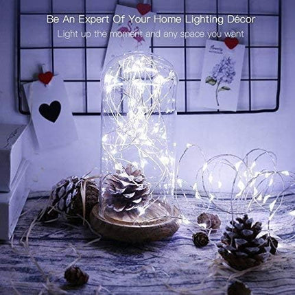 buways Fairy Lights,2-Pack Battery Operated Waterproof Cool White 50 LED Fairy String Lights,16.4ft Silver Wire Light with Remote Control for Christmas Parties,Garden and Home Decoration