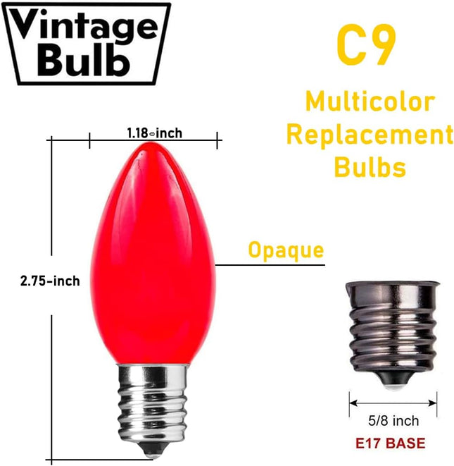 Abeja 25 Pack Multicolor Christmas Lights Replacement Bulbs C9 Vintage Incandescent Ceramic Bulbs E17 Socket Base 7w for Xmas Holiday String Lights Outdoor Indoor Party Decorations