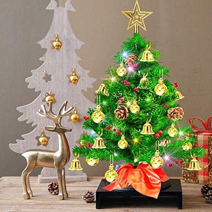 20" Tabletop Mini Christmas Tree, Artificial Small Xmas Tree Decor DIY with 50 LED String Lights,Star Tree Topper, Holly Berries, Pine Cones Ornaments and Wooden Base for Holiday Season Decorations