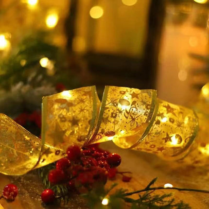 64ft Gold Christmas Ribbon Lights with 200 Led Fairy Lights Battery-Powered Copper Wire Ribbon Bows Lights for Christmas Year Decor