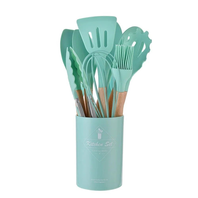 12PCS Wooden Handle Cooking Tool Set Silicone Kitchenware Non-Stick Cookware Kitchen Utensils Set Spatula Shovel Egg Beaters Dark green