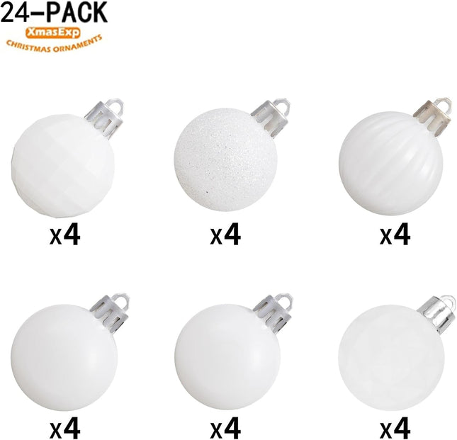 XmasExp 24ct Christmas Ball Ornaments Shatterproof Christmas Ornaments Set Decorations for Xmas Tree Balls Halloween Decorations (1.57''/40mm, White)