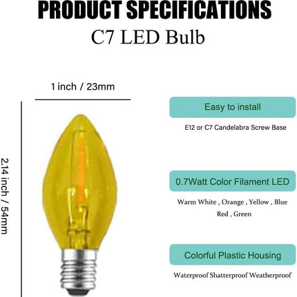 2 Pack C7 Yellow LED Replacement Christmas Light Bulbs,E12 Candelabra Base, Shatterproof Plastic, for Christmas Outdoor String Lights (Yellow)