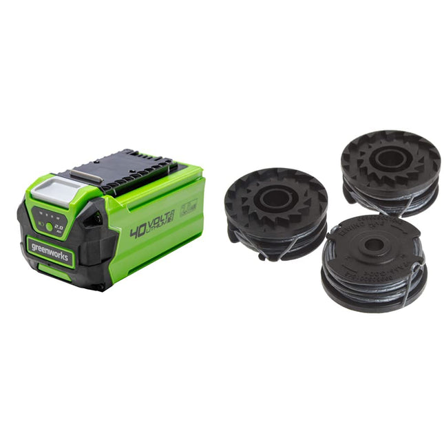 GreenWorks 40V 2.0Ah Lithium-Ion Battery (Genuine Battery) 0.065" Dual Line Replacement String Trimmer Line Spool, 3 Count (Pack of 1)