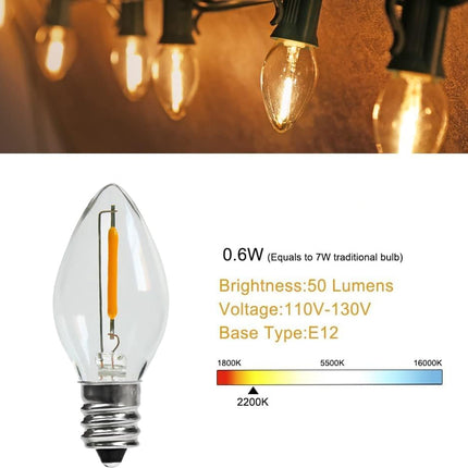 KGC 25Pack C7 LED Christmas Light Bulb, E12 Base Waterproof LED Bulbs for String Light, 0.6W 2200K Warm White 50LM, Clear Plastic Night Lights C7 LED Replacement Bulbs for Christmas String Lights.