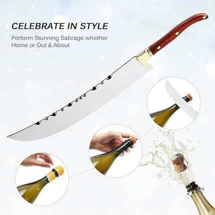 CO-Z Champagne Saber with Box Champagne Knife Wine Opener with Wooden Handle and Gold Accents Stainless Steel Bottle Opener 16.5" Champagne Sword for Wedding Gift Birthday Housewarming Home Bar