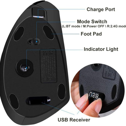 Vertical Mouse, Right Handed 2.4GHz Wireless Ergonomic Rechargeable Vertical Mouse with 4 Adjustable DPI 800/1200/1600/2400, 6 Buttons,Compatible with PC, Desktop,Mac (Black)…