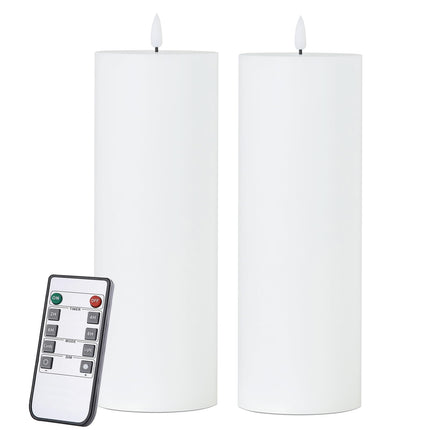 White Flameless Candles Set of 2 (3x9 inch) Flickering LED Wax Candles Battery Operated with Remote Control Timers for Fall Decor/Night Light/Fireplace/Party Dimmable Pillars Flat top