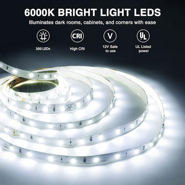 Onforu LED Light Strip,16.4ft Dimmable LED Tape Light, 6000K Daylight White Strip Lighting, 300 LEDs Flexible Vanity Mirror Light, 5M 12V Ribbon Rope Light for Bedroom, Under Cabinet,Kitchen