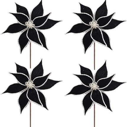4 Pack Black Christmas Flower with Stem 11inch Black Artificial Poinsettia Flower Picks for Christmas Tree Ornament Xmas Wreath Wedding Holiday Floral Party Photo Prop Supplies