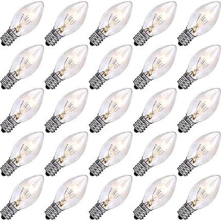 25 Pack C7 Clear Replacement Bulbs, C7 Outdoor Christmas String Light Bulbs, 5 W Night Light Bulbs Incandescent Bulbs for C7/ E12 Candelabra Base Christmas Outdoor String Lights- Clear