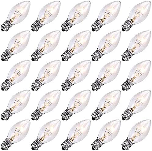 25 Pack C7 Clear Replacement Bulbs, C7 Outdoor Christmas String Light Bulbs, 5 W Night Light Bulbs Incandescent Bulbs for C7/ E12 Candelabra Base Christmas Outdoor String Lights- Clear