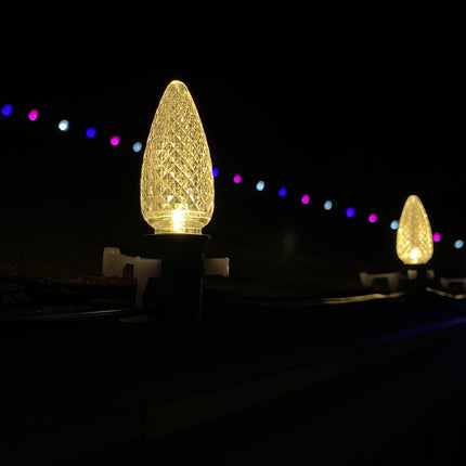 C9 Christmas Lights LED Bulb (Pack of 25) Soft Warm White Replacement Christmas Light Bulbs Faceted Retrofit Candle Shape Commercial Grade E17 Socket Roof Lights Bulbs