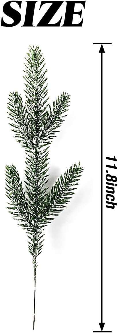 TIHOOD 13PCS 11.8” Snow Frosted Artificial Pine Branches Christmas Snowy Pine Needles Fake Greenery Pine Spray Picks for DIY Crafts Garland Wreath Xmas Embellishing Home Holiday Decoration
