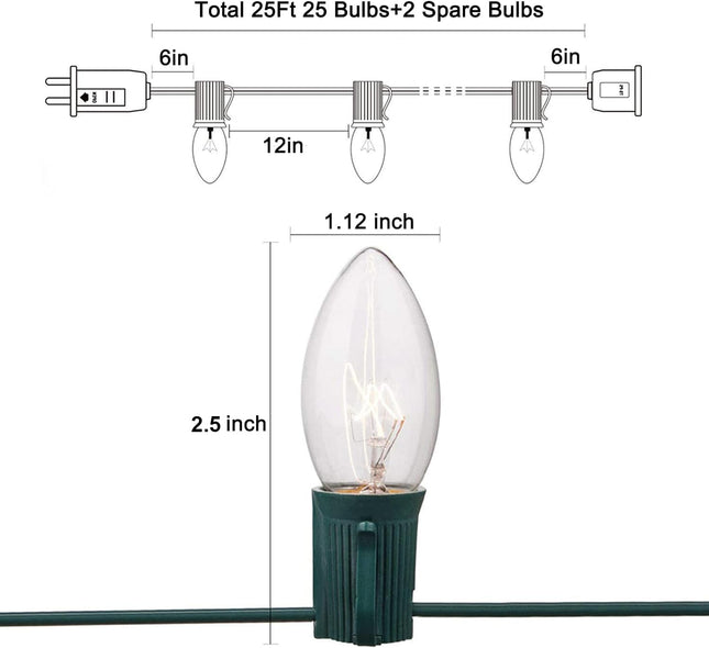 SUNSGNE C7 Christmas Lights, 25Ft Outdoor Christmas String Lights with 27 Clear Warm White Incandescent Bulbs, Christmas Vintage String Light for Patio, Christmas, Cafe, Party Decor, Green Wire