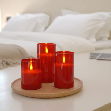 Amagic Red Glass Flameless Candles Battery Operated with Timer, Remote Control, LED Pillar Candles Battery Powered, Wax, D3 H4 5" 6", Set of 3
