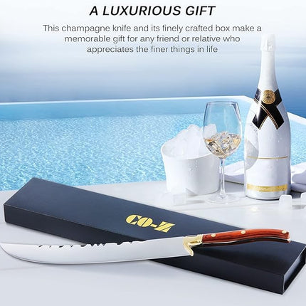 CO-Z Champagne Saber with Box Champagne Knife Wine Opener with Wooden Handle and Gold Accents Stainless Steel Bottle Opener 16.5" Champagne Sword for Wedding Gift Birthday Housewarming Home Bar