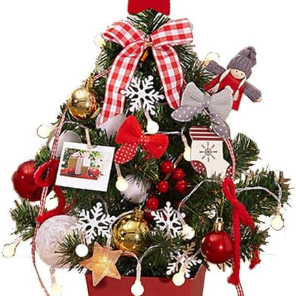 17.7 inches Mini Tabletop Christmas Artificial Pine Trees with Ornaments and Strip Light for Desktop Decoration (Red)