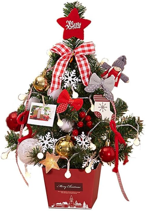 17.7 inches Mini Tabletop Christmas Artificial Pine Trees with Ornaments and Strip Light for Desktop Decoration (Red)