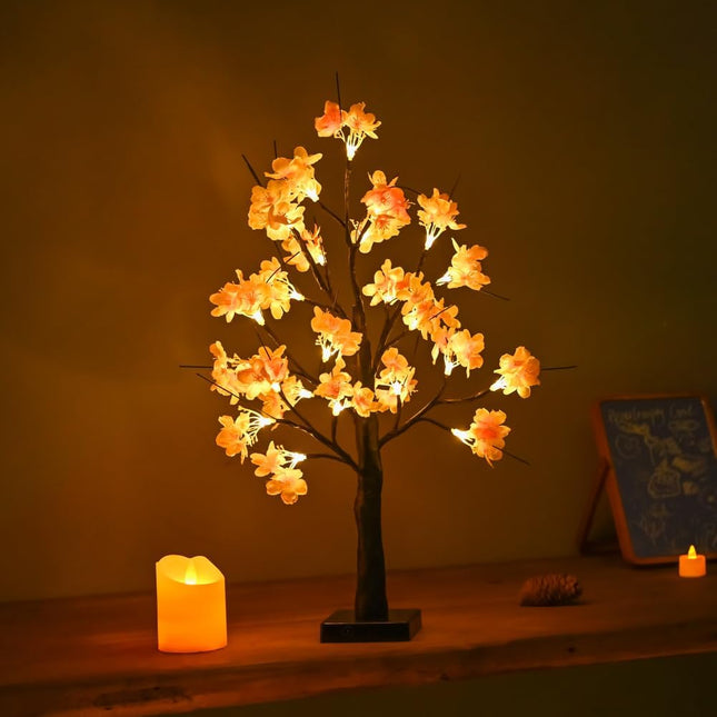 Snokip Peach Blossom Tree Light, 23inch 24LED Lighted Tabletop Lamp, USB Powered Artificial Flower Bonsai Tree Lamp, s for Home Decor Room Office Party Wedding Christmas Decorations