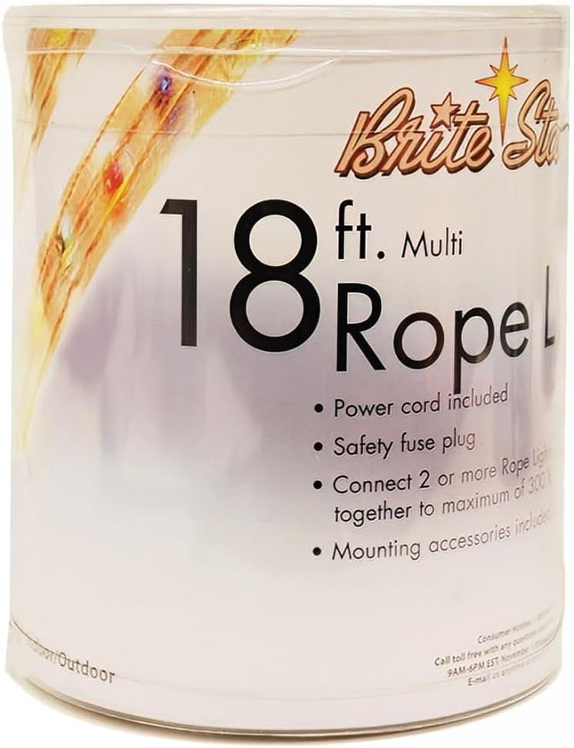 Brite Star 18 Foot Clear Rope Light Multicolor - Connectable for Indoor and Outdoor Decor - Perfect for Christmas Decorations, Bedroom, Party, Patio, Deck Lighting - Waterproof Outdoor Lighting